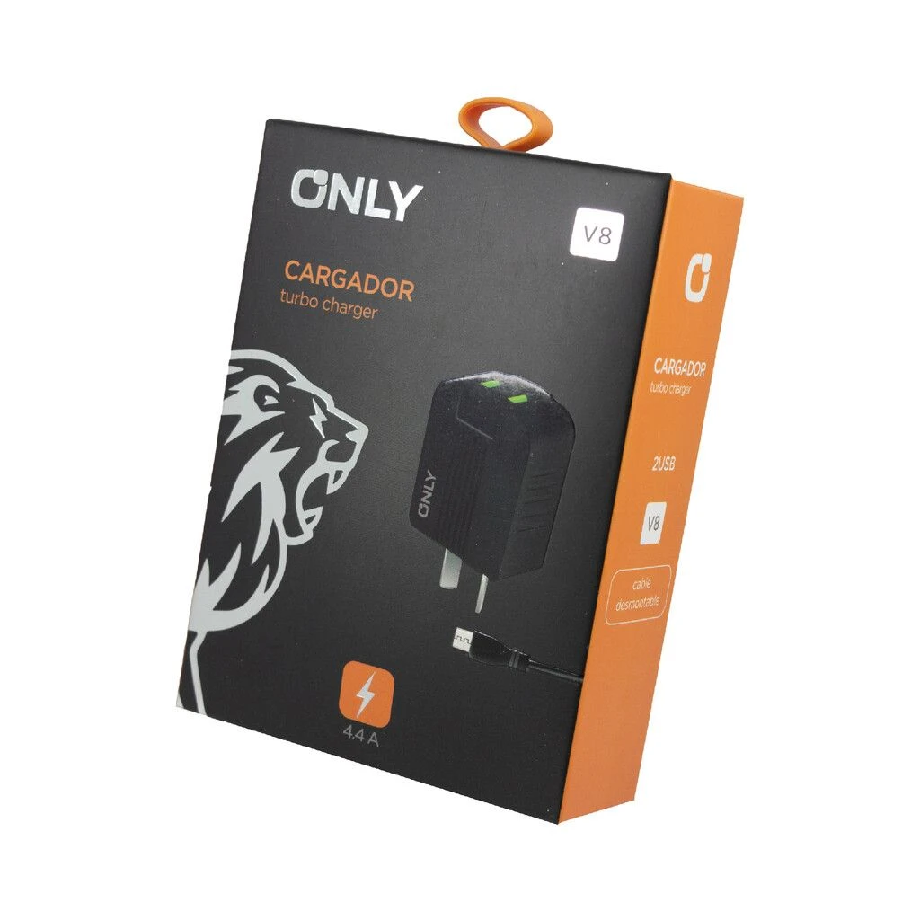 CARGADOR 220V ONLY MOD06 – 2 USB + CABLE V8 – NEGRO