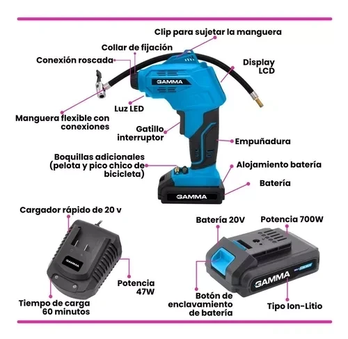 Compresor inflador a batería GAMMA- No incluye bateria G12429AR 2