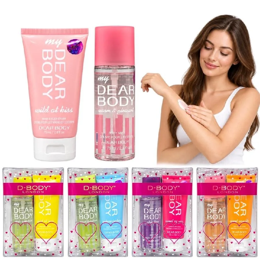 kit gift X2 de regalo cajita transparente perfume y crema dear body surtidos