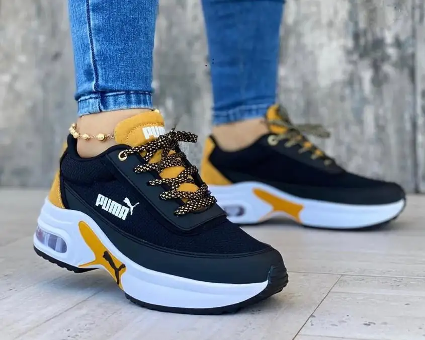 Tenis Puma Valvula Negro Mostaza Dama 