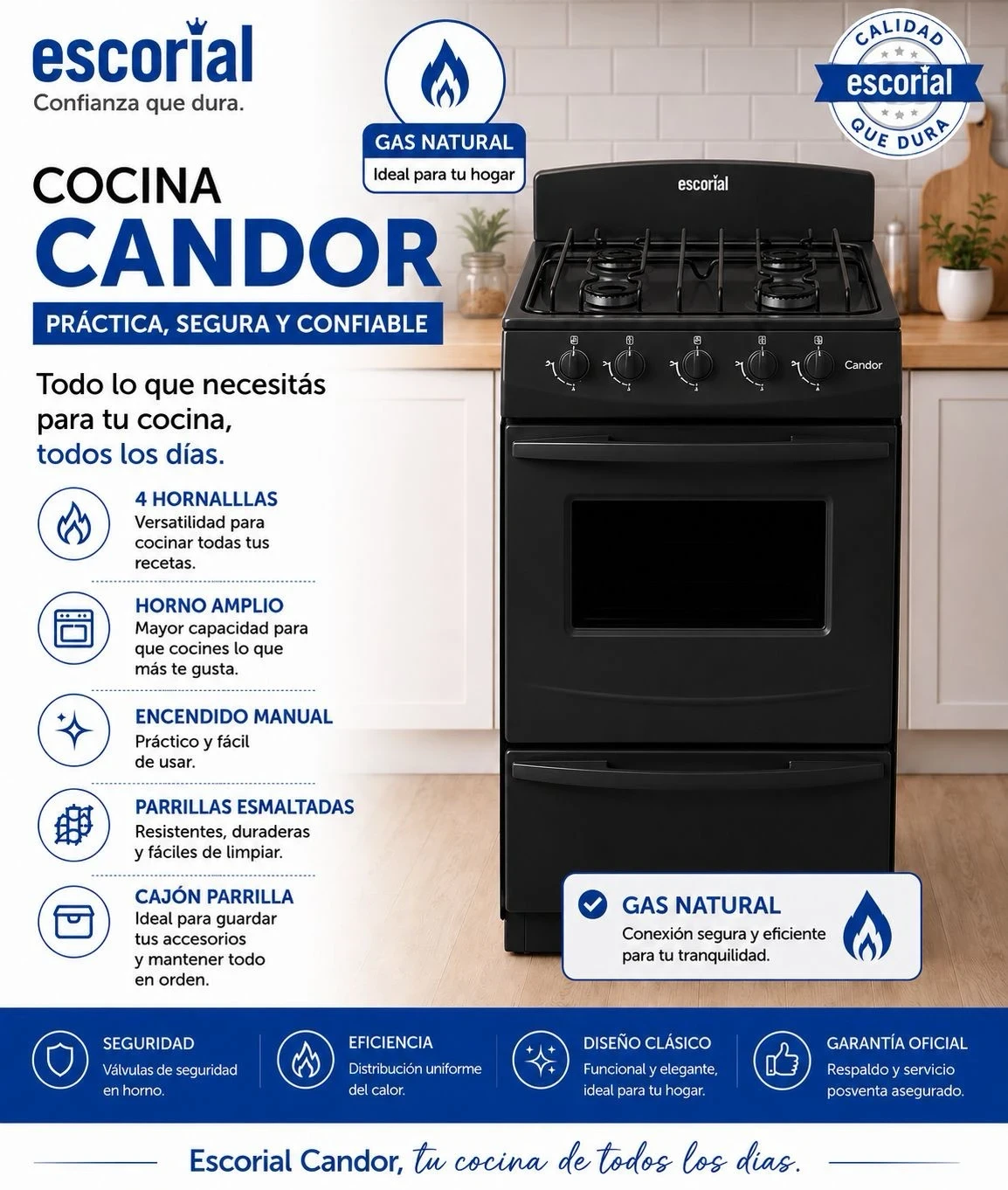 Cocina Escorial Candor gas natural negra