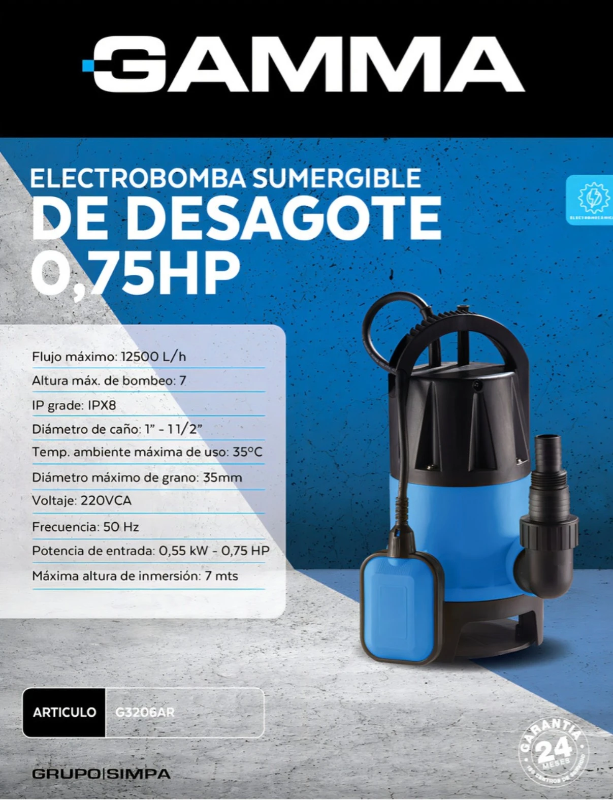 electrobomba sumergible de desagote Gamma G3206AR