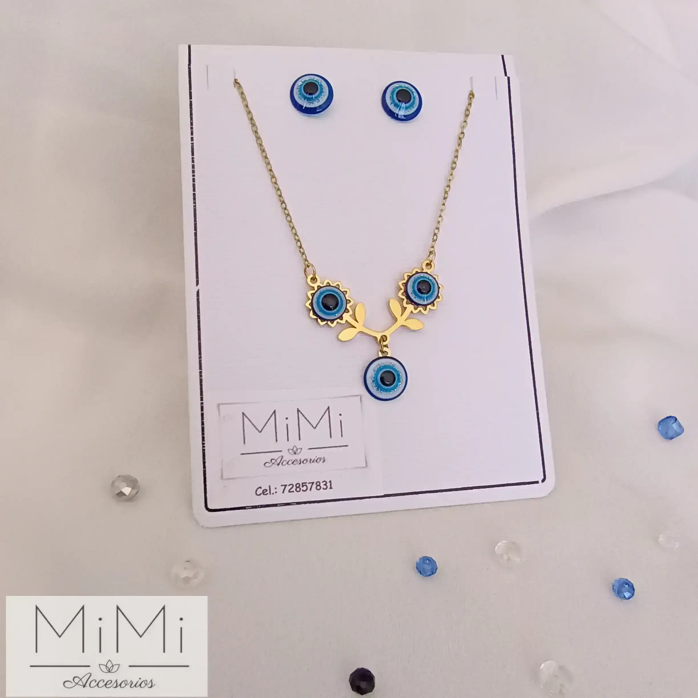 Conjunto ojo turco triple con flores en acero inoxidable 