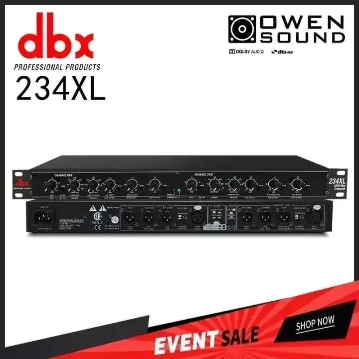 🇧🇴💥DBX 234XL CROSSOVER  🇧🇴💥🇧🇴 -Entradas y salidas balanceadas XLR -Interruptores de modo para operación mono de 4 vías o estéreo de 2 vías/3 vías -Salida sumada de baja frecuencia (subwoofer) -Interruptor de rango x10 en ambos canales -Filtro de paso alto (corte bajo) de 40 Hz en ambos canales -Interruptor de inversión de fase en todas las salidas -Controles de nivel individuales en todas las salidas de banda -Filtros Linkwitz-Riley de 24 dB por octava (el estándar profesional) -Los LED de estado estéreo/mono indican el modo seleccionado