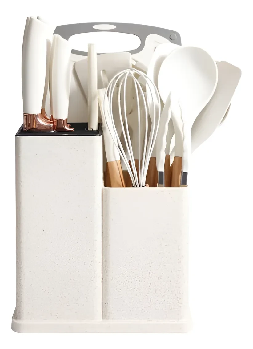 SET DE UNTENSILLOA DE COCINA MANDO DE MADERA KIT X19 PIEZAS PUNTA DE SILICONA COLOR BLANCO