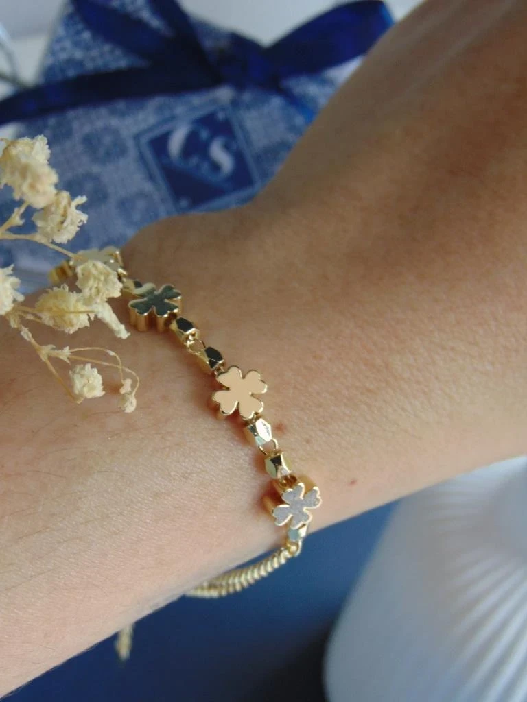 PULSERA RODIO DOR 5 TREBOLES GLOBO 6MM | 16CM LARGO + EXTENSOR 2
