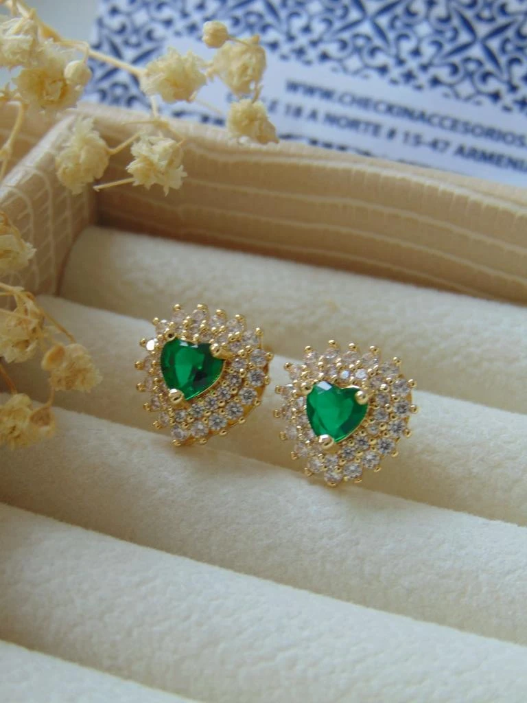 TOPOS RODIO DOR CORAZON VERDE MICROCIRCONES BLANCO 2