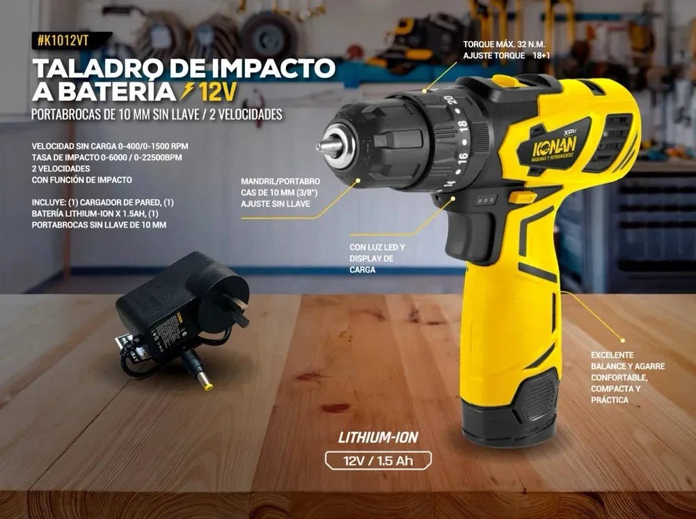 TALADRO DE IMPACTO PERCUTOR A BATERÍA 12V KONAN XPV
