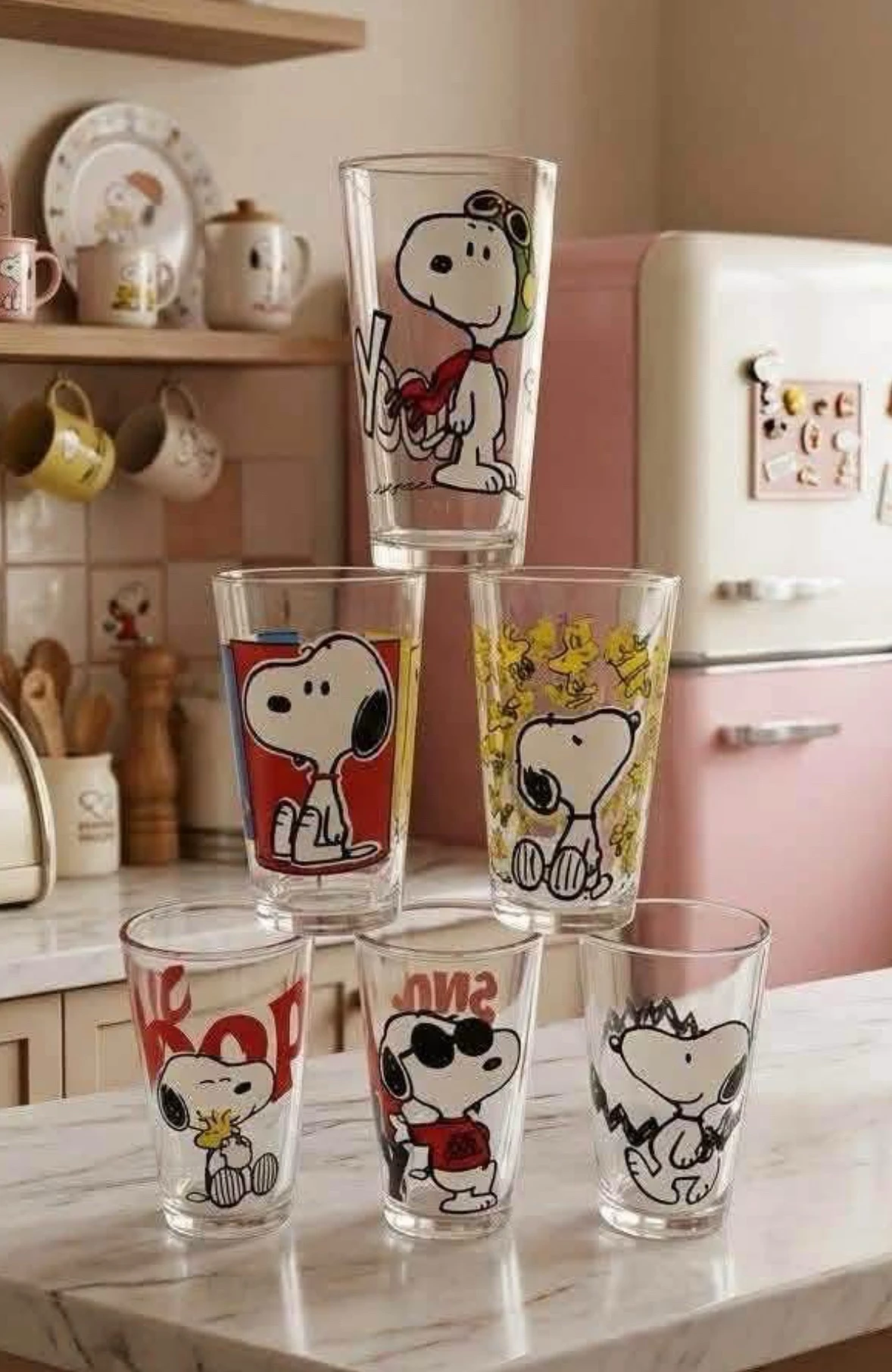 Paquete de 6 vasos de vidrio snoopy coleccion peanuts premium 6