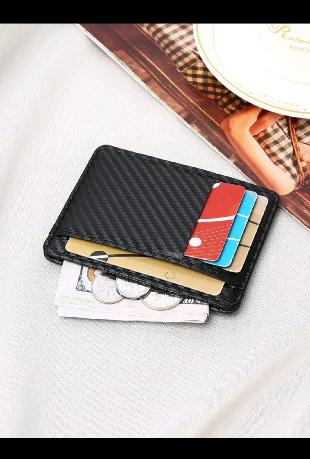 Tarjetero Ultra Delgado para Caballero - Cartera Minimalista en Poliuretano con Textura Fibra de Carbono 2