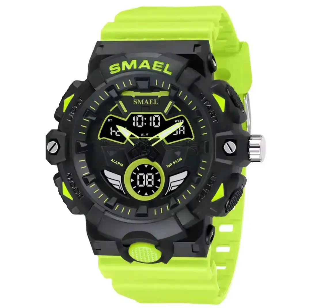 Reloj Smael Original Sumergible Deportivo Doble Hora 8085 Negro Verde Fluorescente  2