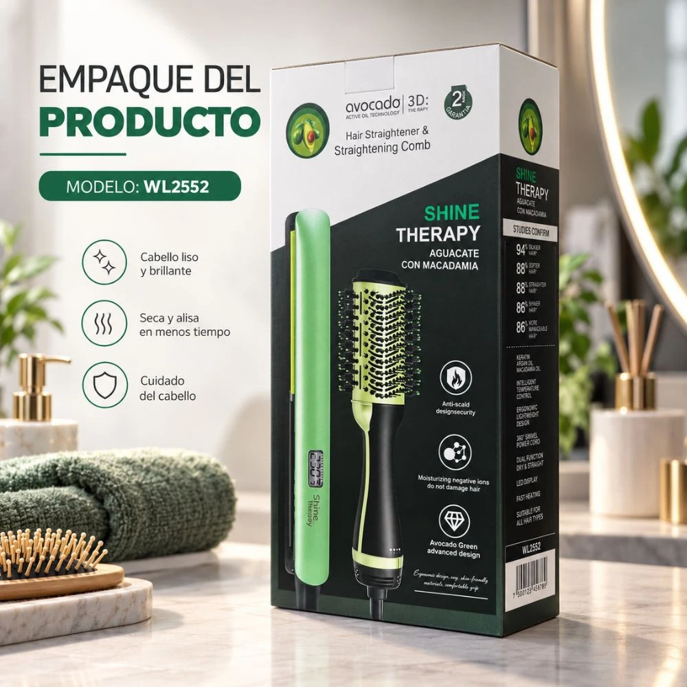 Kit 2 en 1 Shine Therapy WL2552 🥑💚: Cepillo Secador + Plancha Alisadora. 2