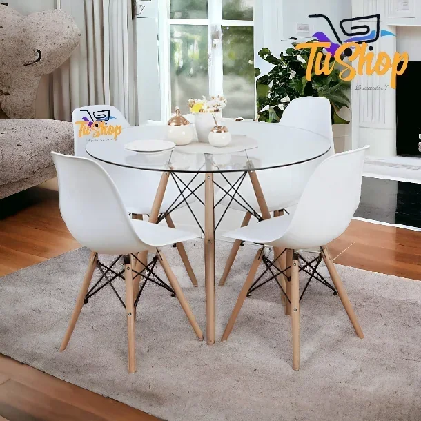 Comedor Eames Vidrio Set Blanco  2