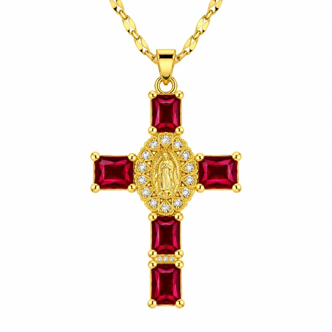 Cadena Y Dije En Acero Con Piedra Circon De Cruz Corazones Virgen De Guadalupe Roja