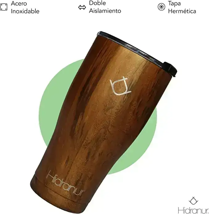 Hidranur Termo de Acero Inoxidable con Doble Aislamiento Térmico 30 Oz (887.206 ml), Termo para Café con Tapa Hermética Antifugas, Popote Incluido, 24 Horas de Agua Caliente y Fría (Madera, 30 Oz (887.206 ml)) 3