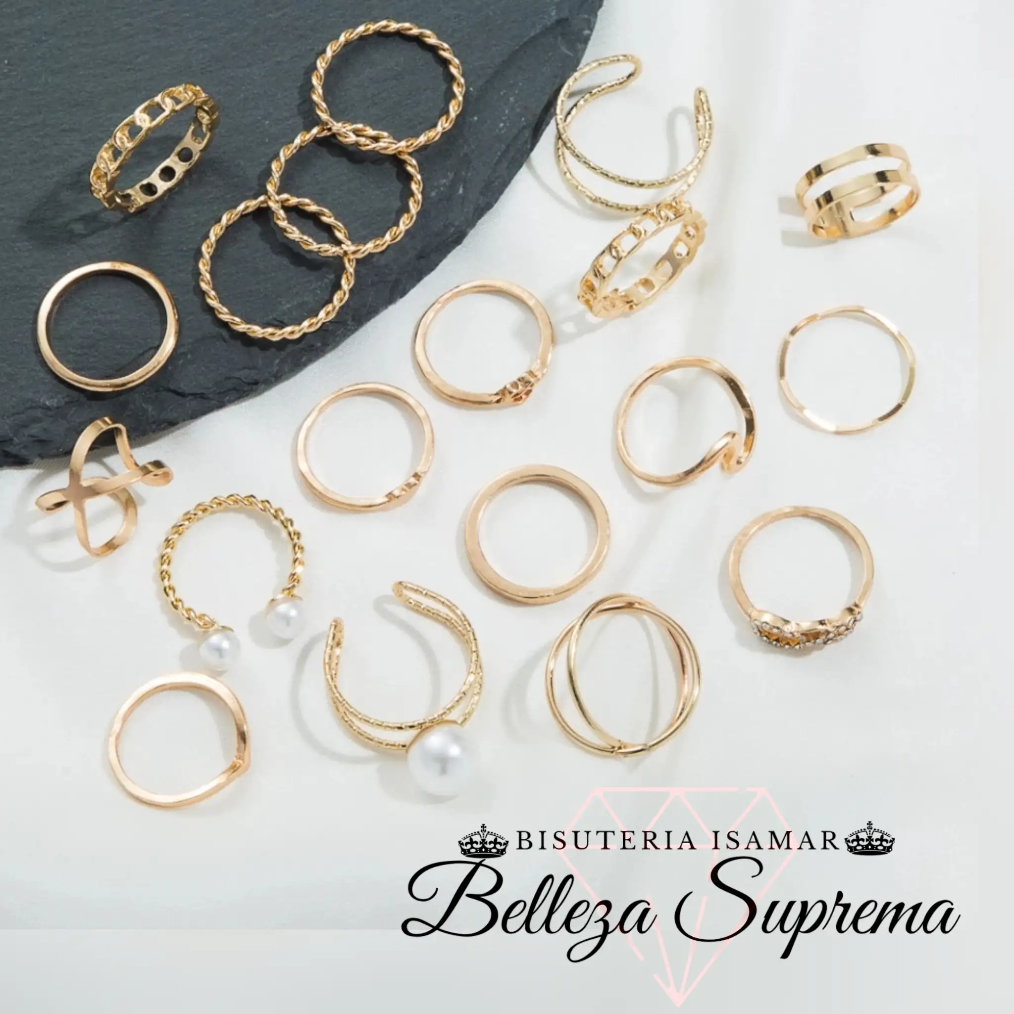 SET DE 19 ANILLOS PLATEADOS Y DORADOD BRILLANTES  4