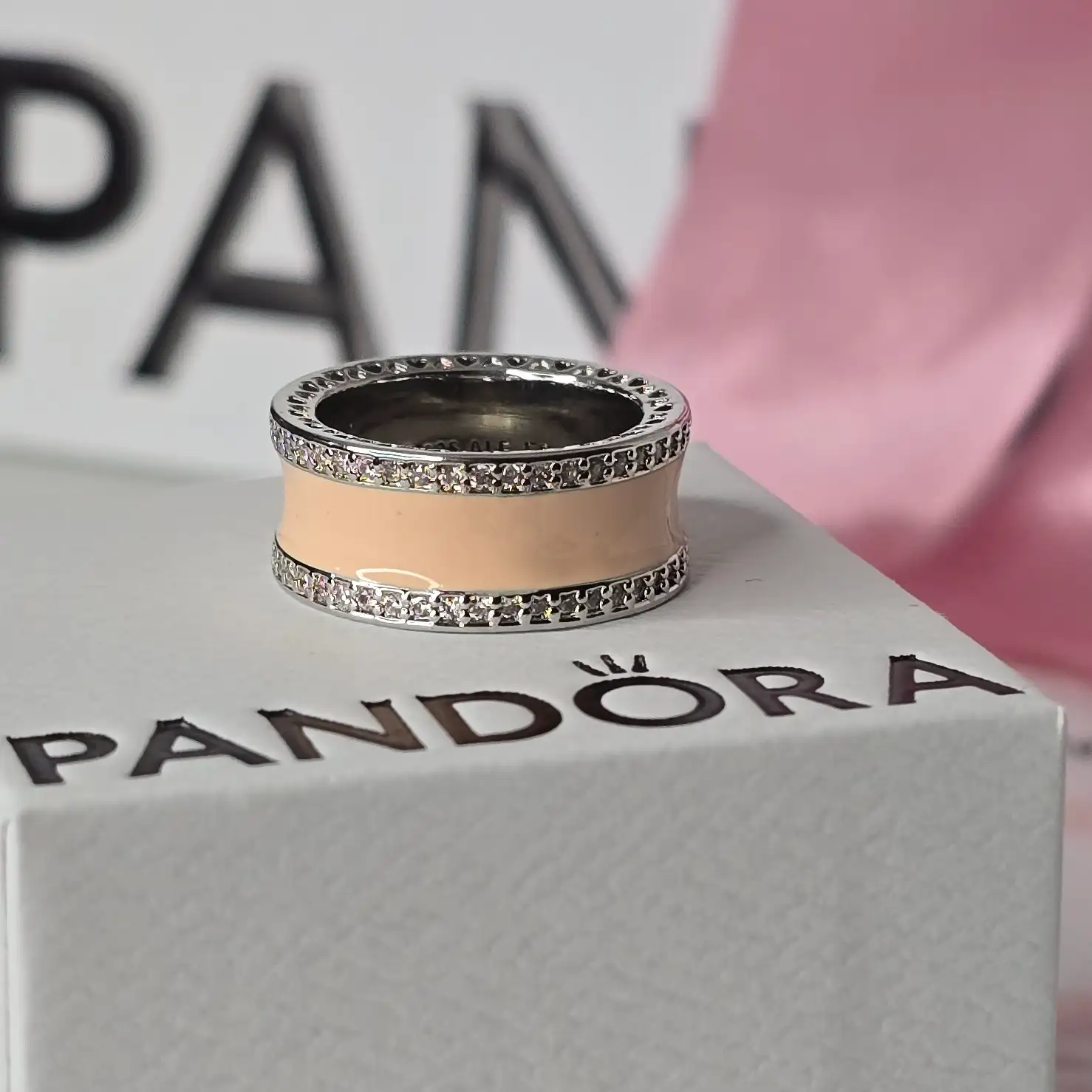 Pandora Radiant Hearts Pink Enamel Band Ring  4