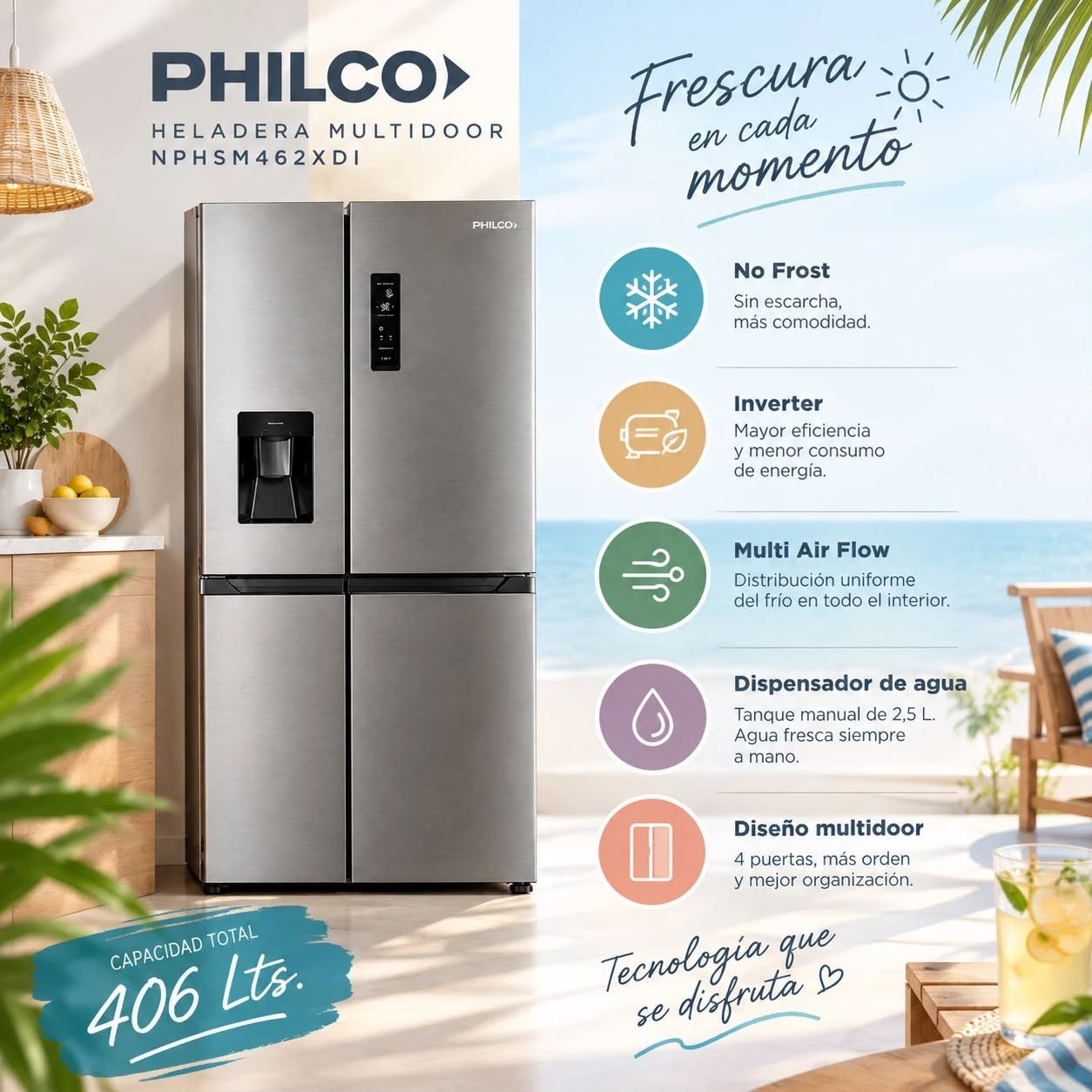 HELADERA PHILCO MULTIDOOR 406 LTS INOX – NPHSM462XDI