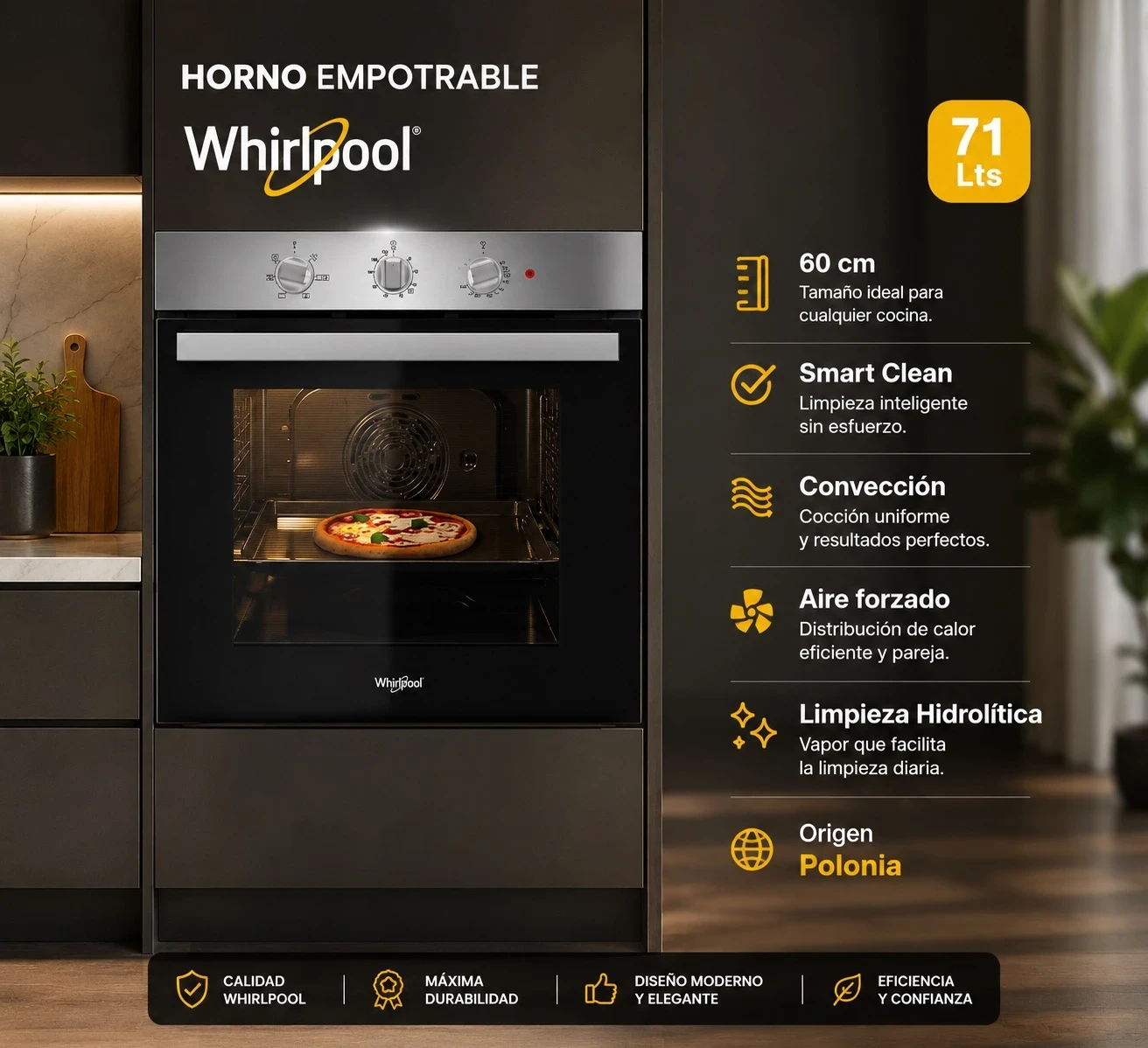      HORNO ELÉCTRICO EMPOTRABLE GRILL WHIRLPOOL WOB71AS 71 Lts INOX SMART CLEAN CONVECCIÓN   ‼️SOLO POR PEDIDO‼️
