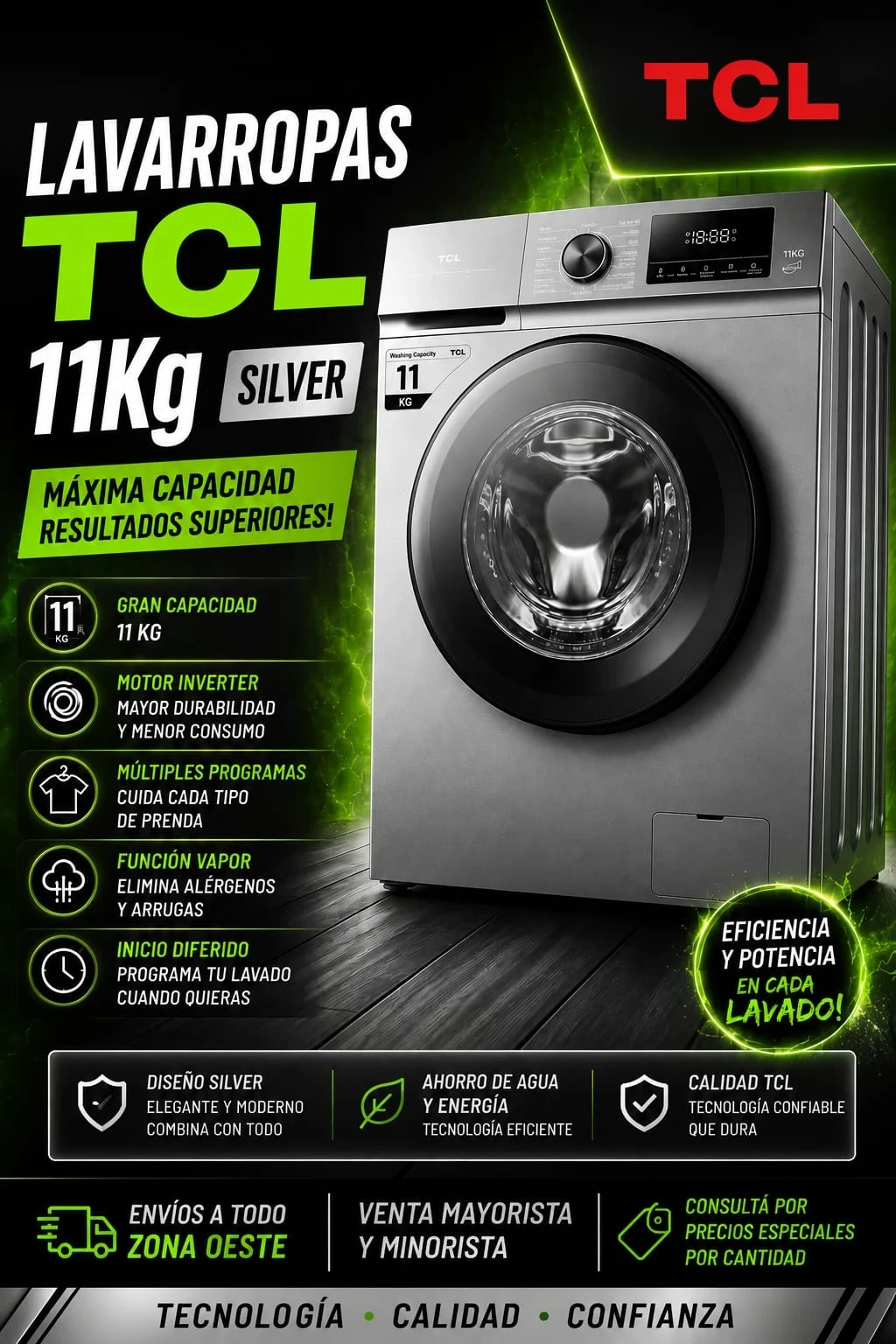 Lavarropas TCL 11KG 1400Rpm