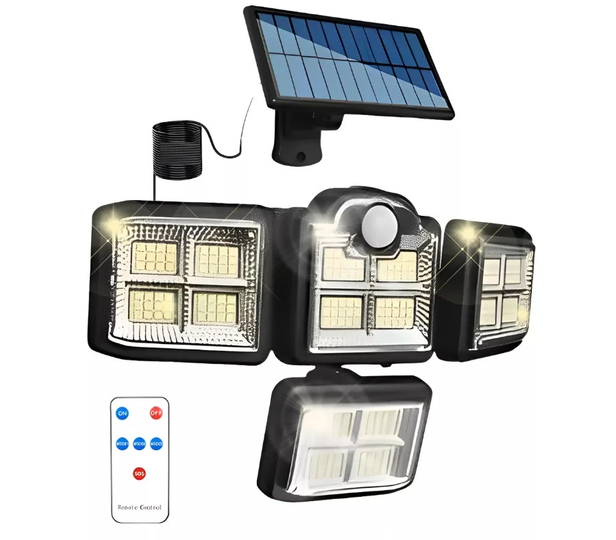 Foco Solar 4 Cabezas / 35W / Control Remoto / Sensor de Movimiento / Panel Independiente