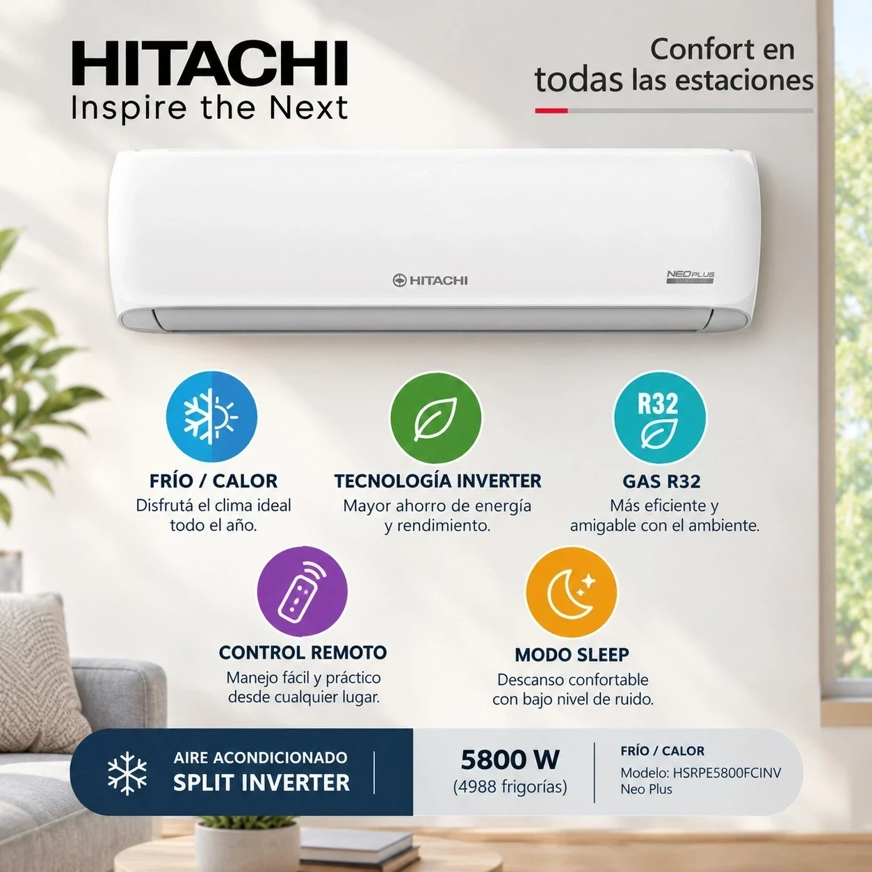 AIRE ACONDICIONADO HITACHI 5800W FRIO-CALOR INVERTER HSRPE5800FCINV