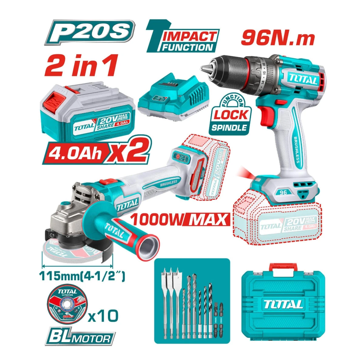 Combo taladro 96nm y amoladora 20v brushless industrial total SKU: TOSLI241298