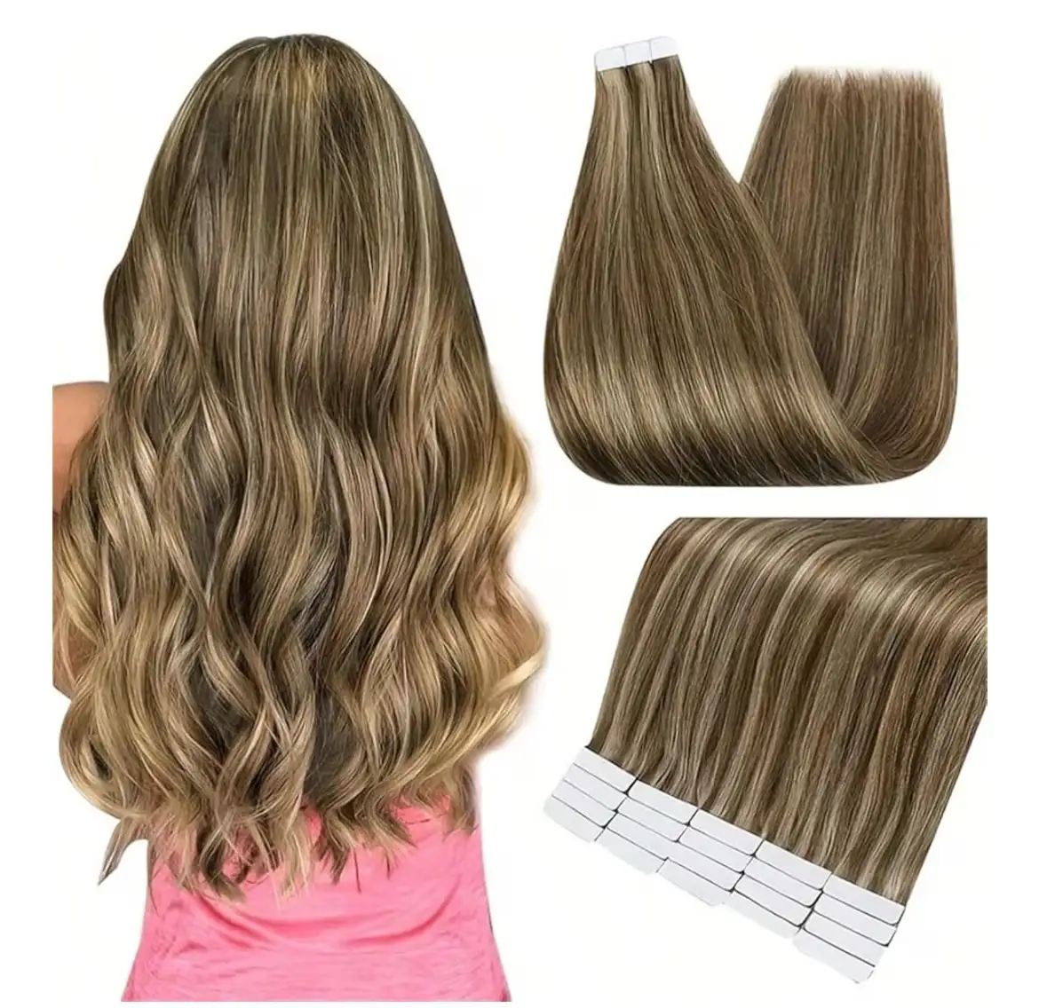 l, extensiones invisibles de cabello Remy con cinta adhesiva para mujer (4P27-14 pulgadas)