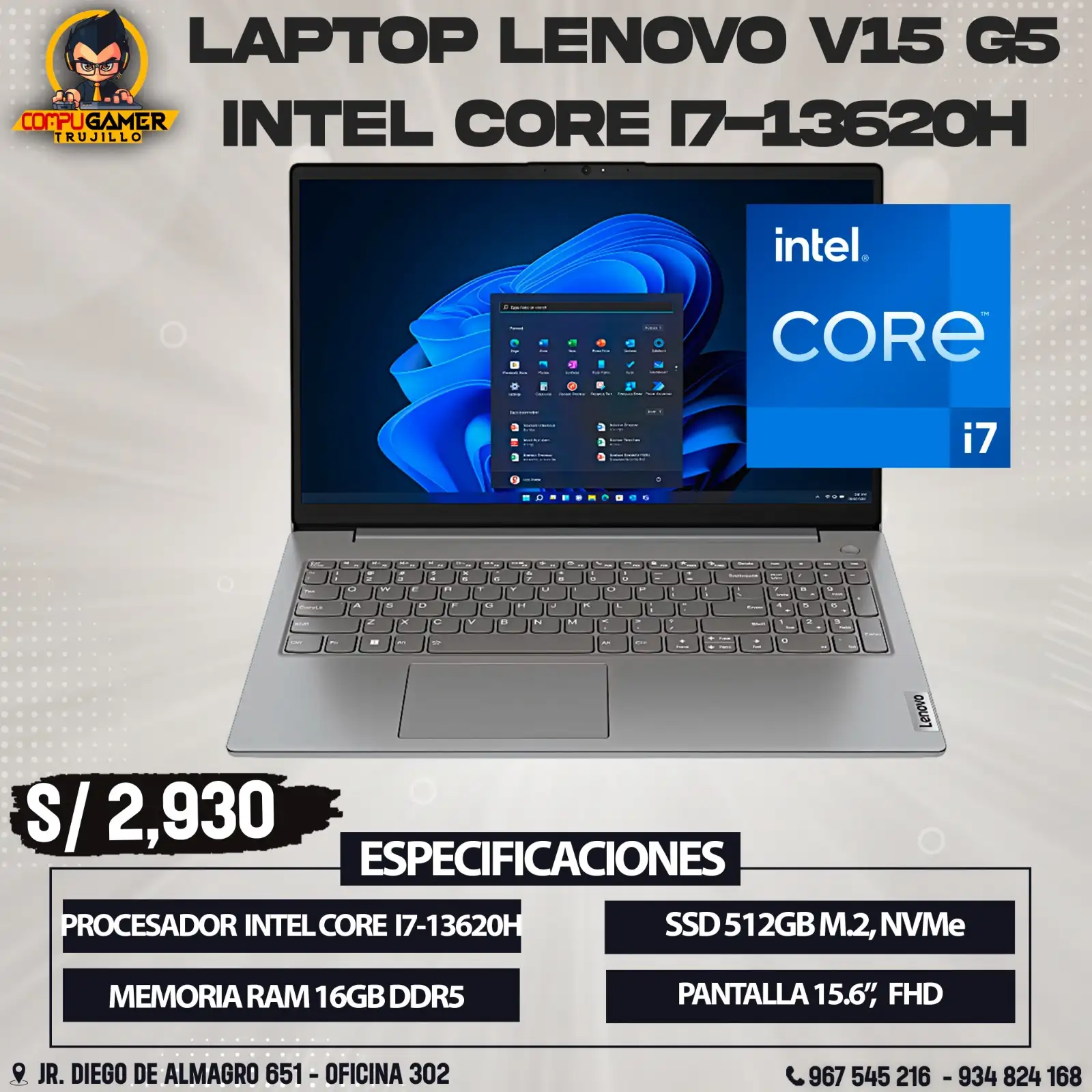 LAPTOP LENOVO INTEL I7-13620H, RAM 16GB, SSD 512GB, 15.6"