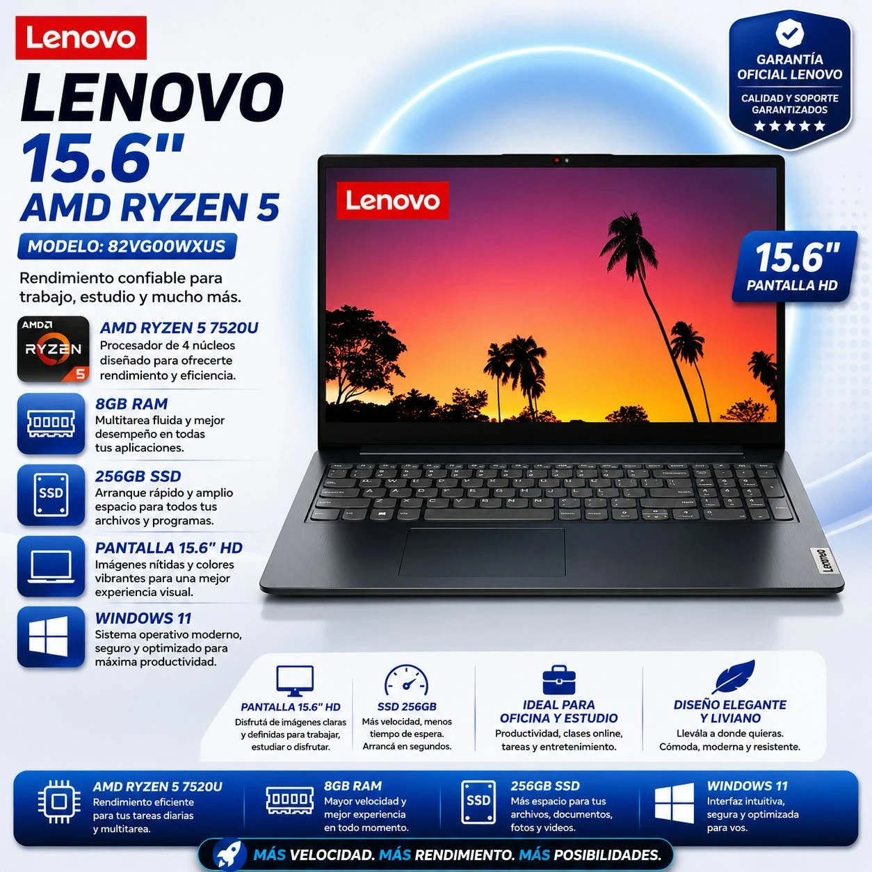 Notebook Lenovo 15.6" (Amd Ryzen 5-7520u | 8Gb Ram | 256Gb Ssd | Windows 11