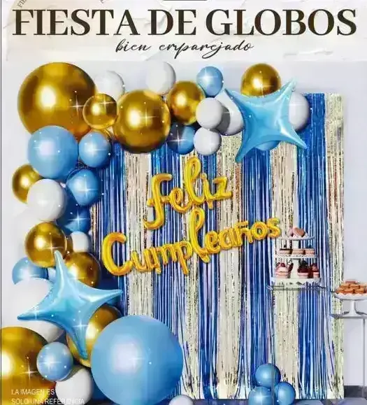 Set guirnalda globos c/cortina celeste/ dorado 59 pcs