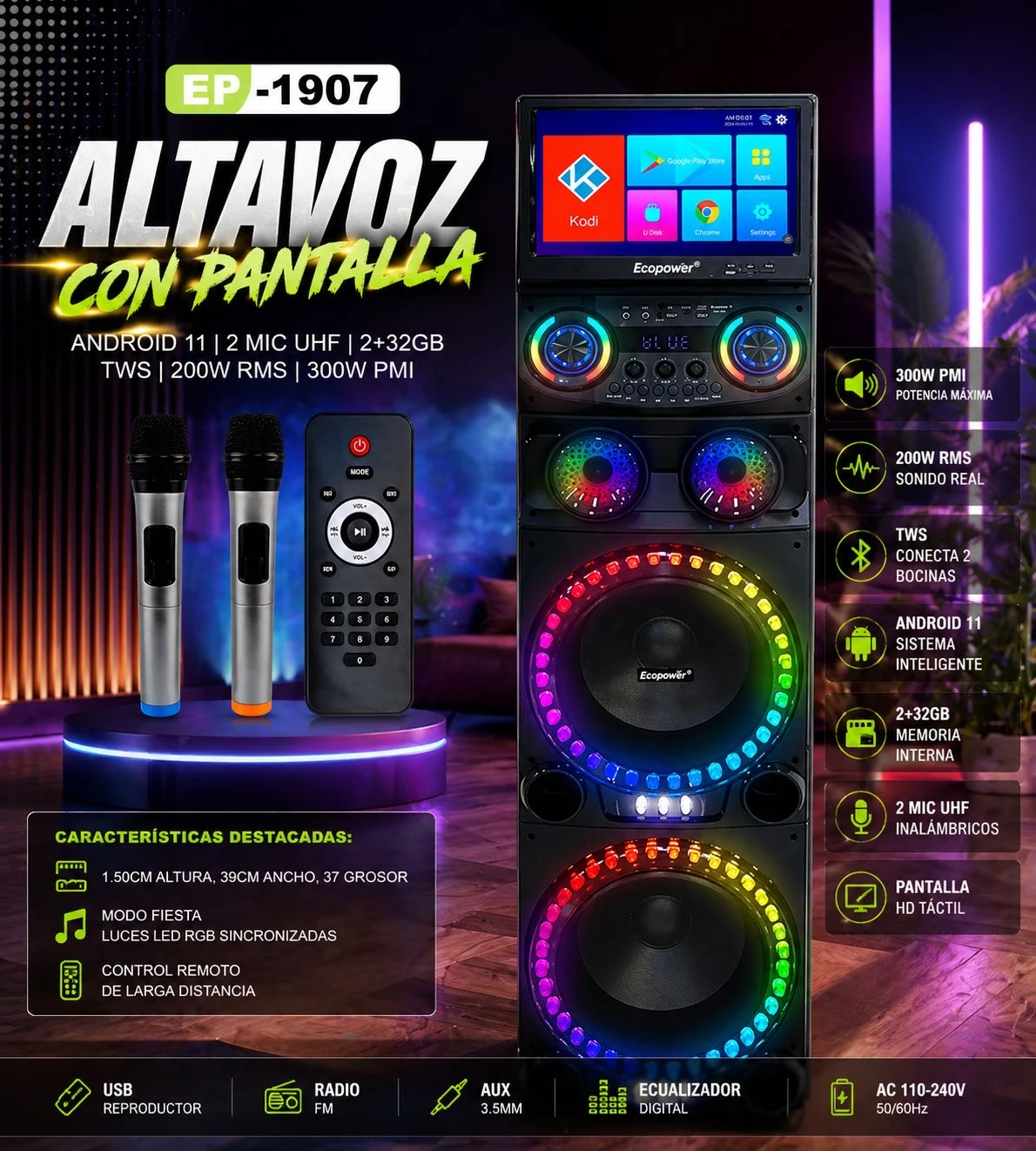 TORRE ECOPOWER EP-1907 C/PANTALLA 15" Y ANDROID 