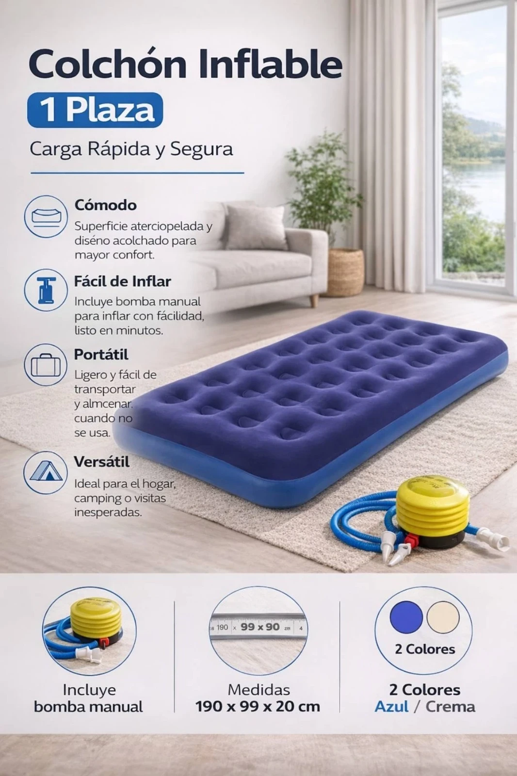 COLCHON INFLABLE 1 PLAZA + INFLADOR MANUAL