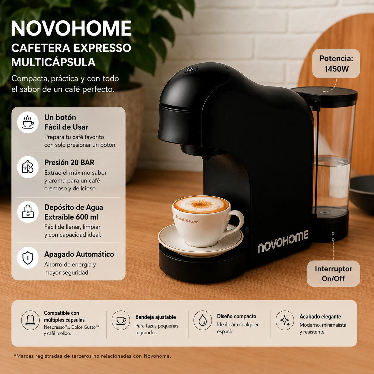 CAFETERA EXPRESO MULTICAPSULA NOVOHOME 1450W