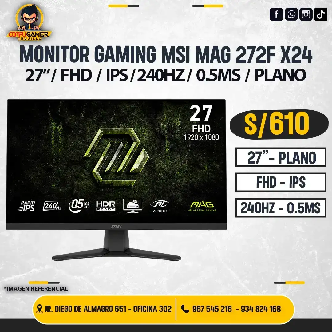 MONITOR MSI MAG 272F X24 27", FHD, IPS, 240HZ, 0.5MS, PLANO