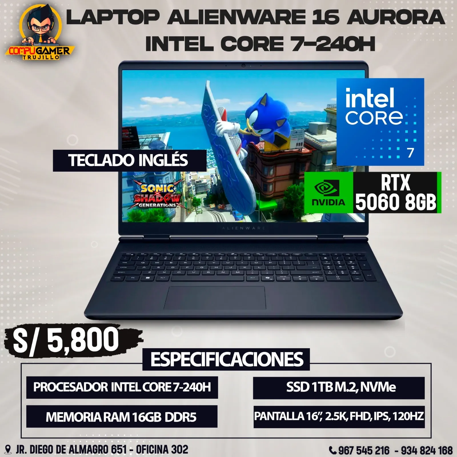 LAPTOP ALIENWARE 16 AURORA INTEL CORE 7-240H, RAM 16GB,SSD 1TB, PANTALLA 16"