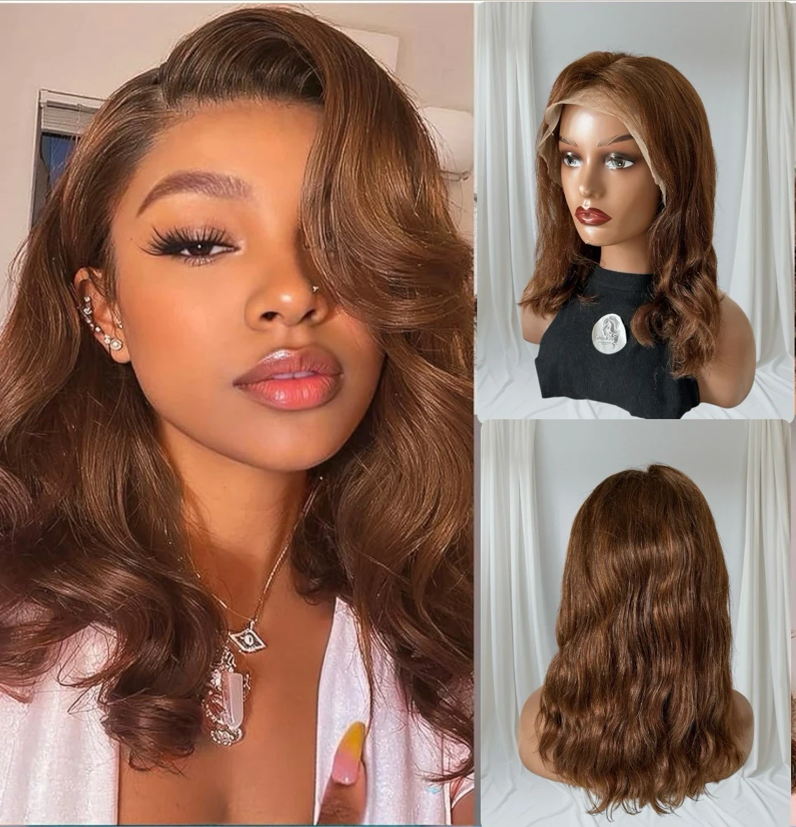 Peluca de cabello humano color marrón, 16” densidad del 200%, 13 x 6, ondas del cuerpo, pelucas de cabello humano con encaje frontal