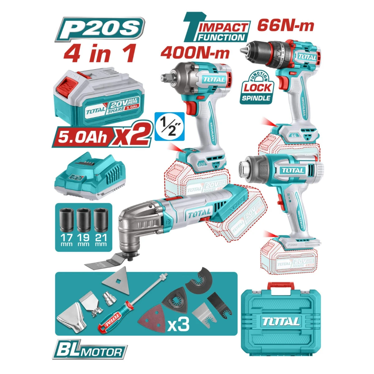 Taladro percutor 66nm + llave de impacto + pistola de calor + herramienta multifunción total
