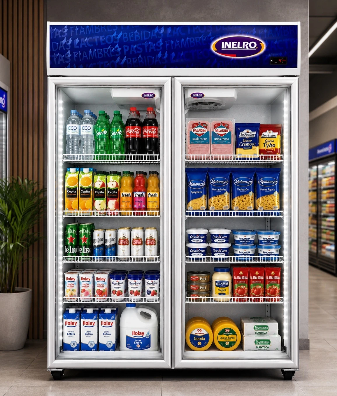 EXHIBIDORA VERTICAL INELRO MT-980 DOBLE PUERTA 980LTS BLANCA