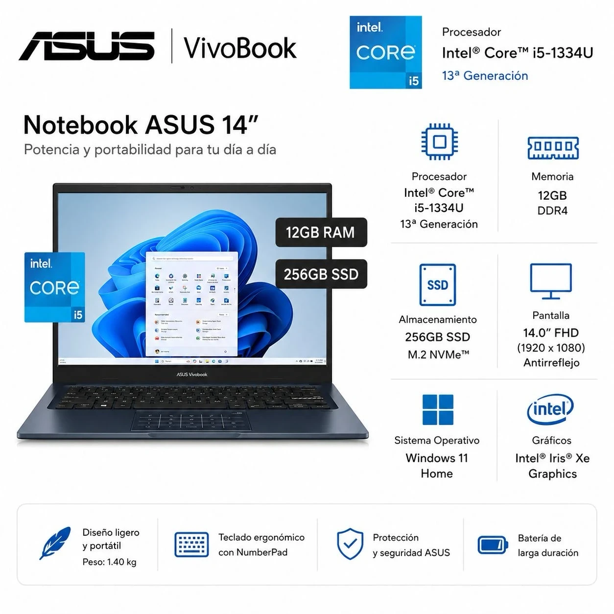 Notebook Asus 14" (Intel Core I5-1334u | 12Gb Ram | 256Gb Ssd | Windows 