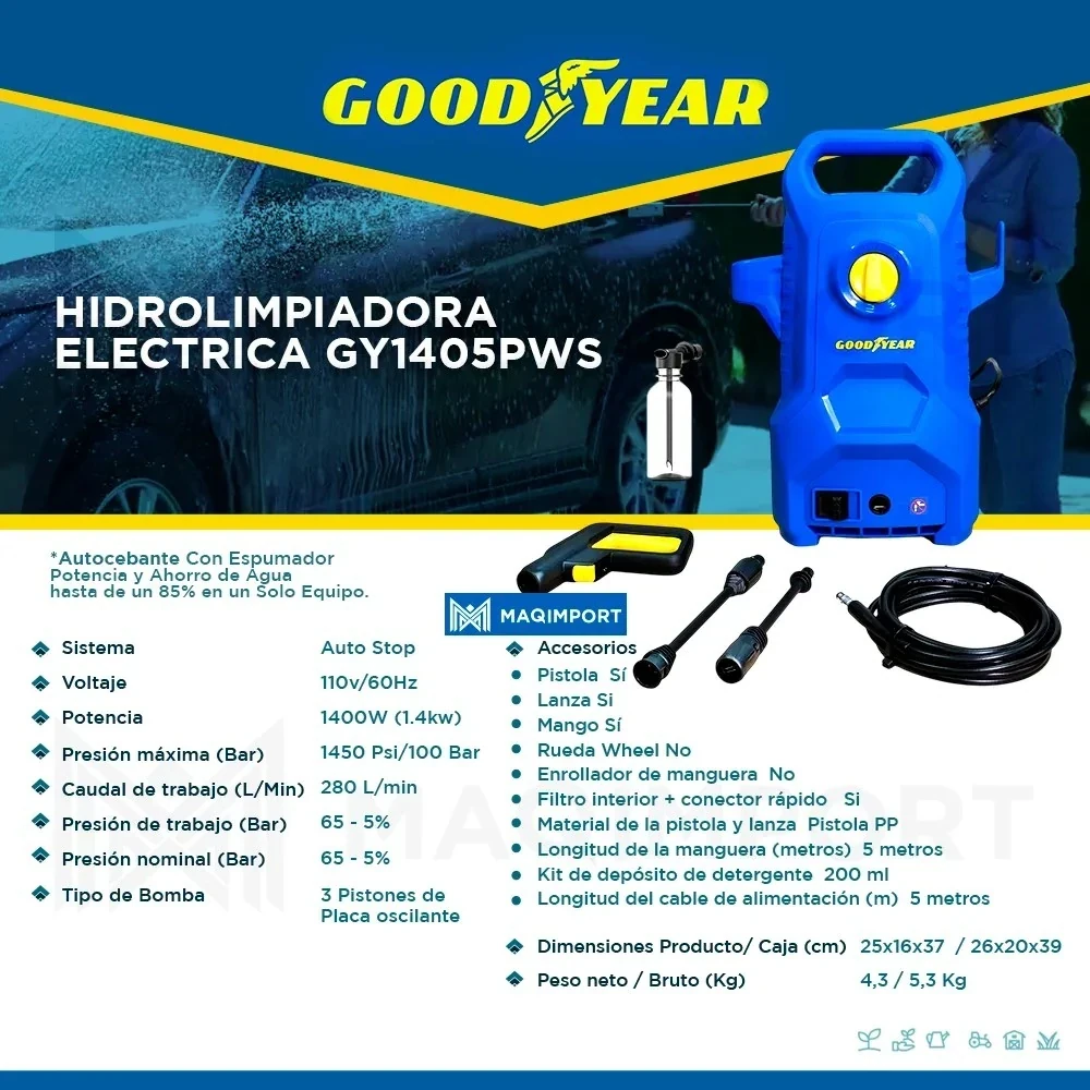 HIDROLAVADORA GOODYEAR 1400W 100bar 1450psi 220v 5m