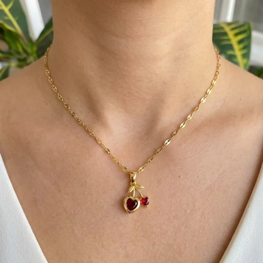 Cadena Y Dije En Acero Con Piedra Circon De Cereza Corazon Pequeña Roja 4