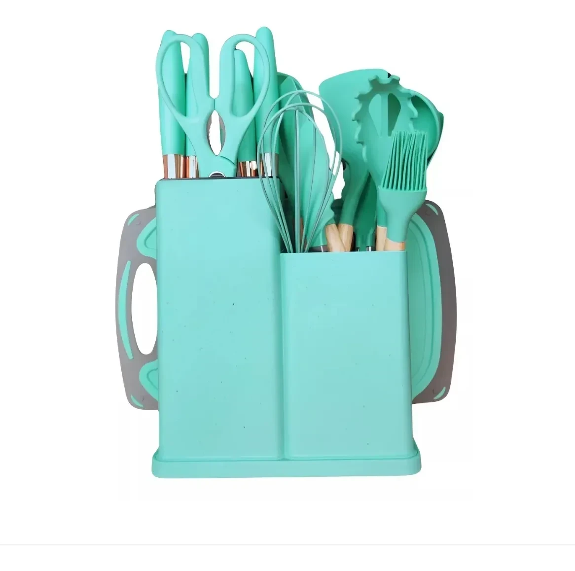 SET DE UNTENSILIOS DE COCINA MANGO DE MADERA KIT X19 PIEZAS PUNTA DE SILICONA COLOR VERDE CLARO