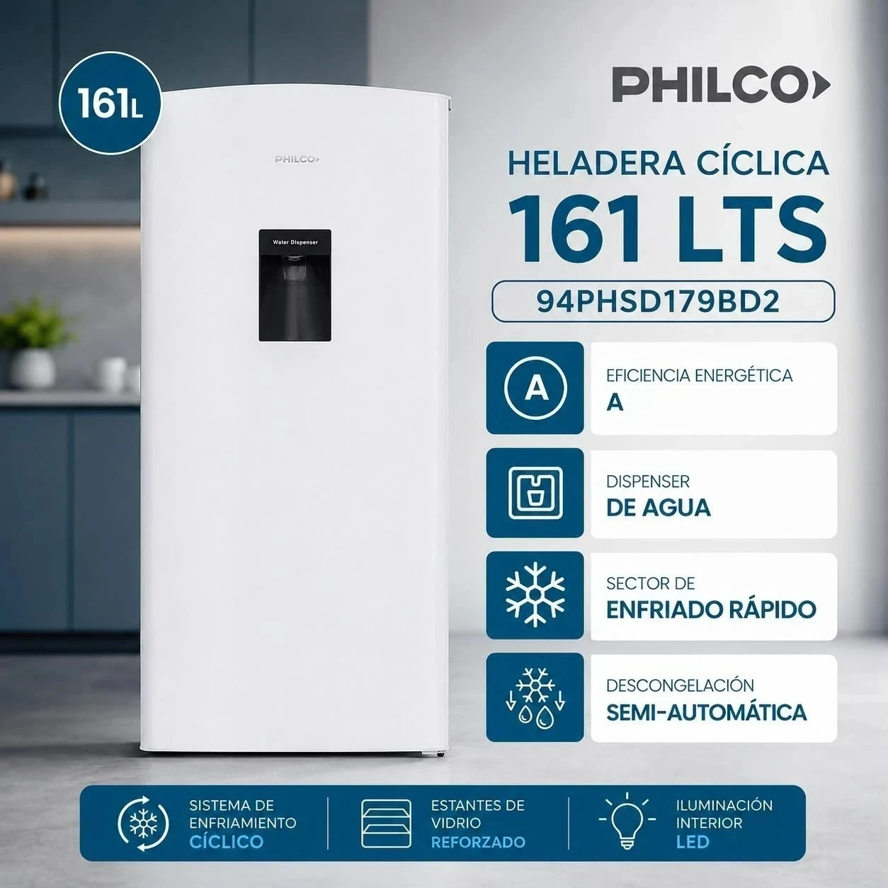  HELADERA PHILCO BLANCA C/DISPENSER 161LTS phsd179bd2
