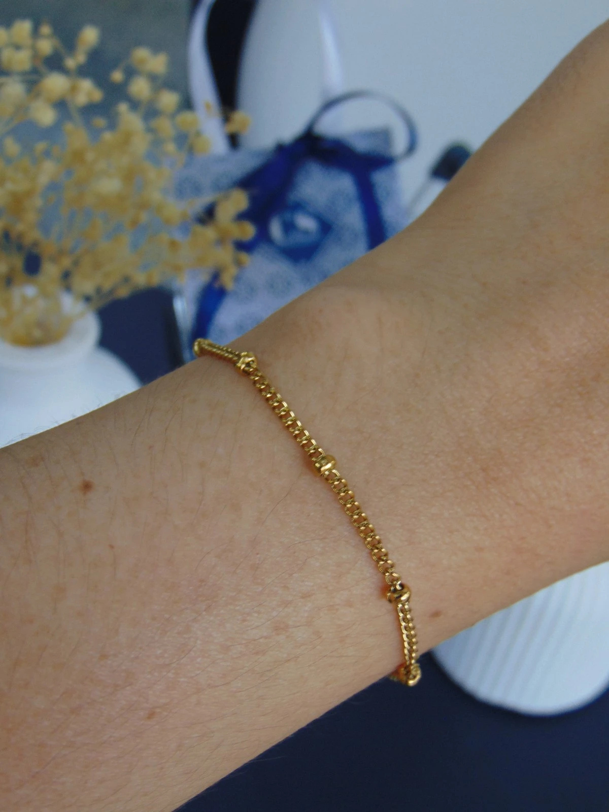 PULSERAS ACERO DOR DELGADA BALINES 18CM