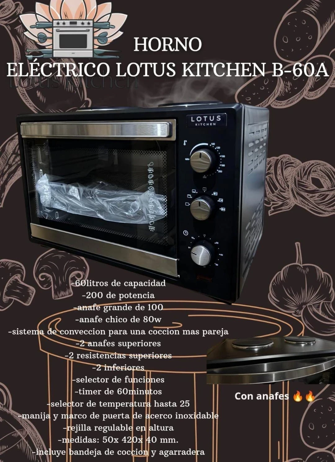 HORNO ELÉCTRICO LOTUS 60LTS CON ANAFE 