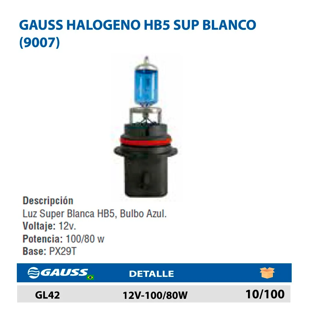 GAUSS HALOGENO HB5 SUP BLANCO (9007) 12V-100/80W