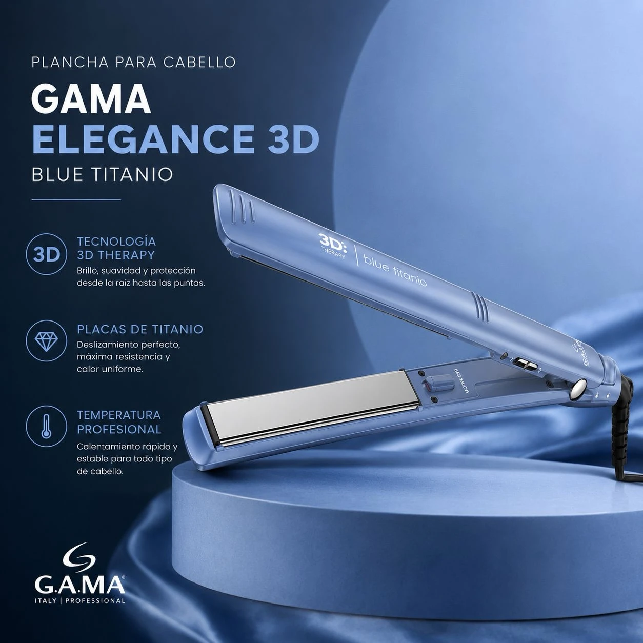 Plancha para Cabello Gama Elegance 3D Blue Titanio