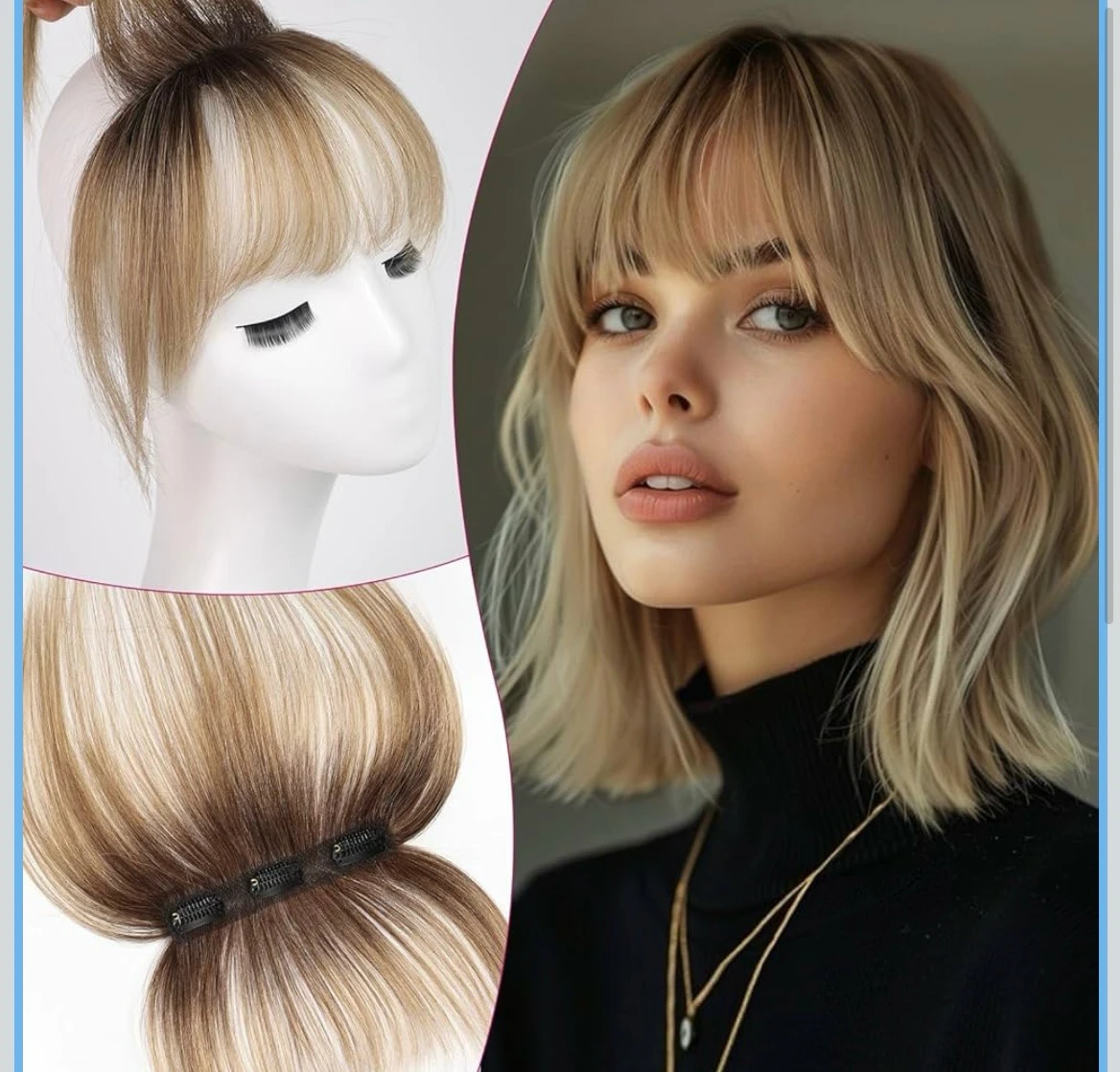 Flequillo con clip, flequillo de cabello 100% humano con 3 clips antideslizantes, extensiones de cabello superior de cobertura de 360° con flecos delgados de 5 pulgadas