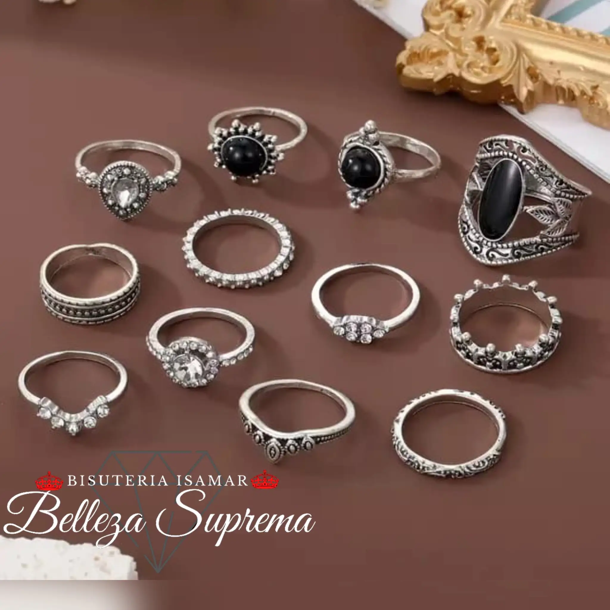 SET DE 12 ANILLOS EN PLATA QUEMADA PEDRERIA NEGRA  4